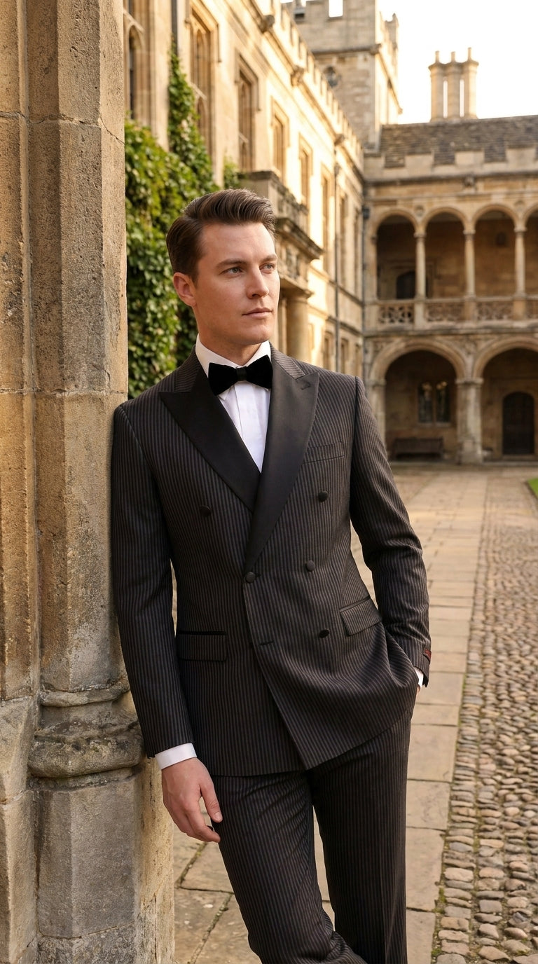 Men’s Black Shadow Pinstripe Double-Breasted Tuxedo Tone on Tone Formal Wedding Suit Modern Fit 1920s Style