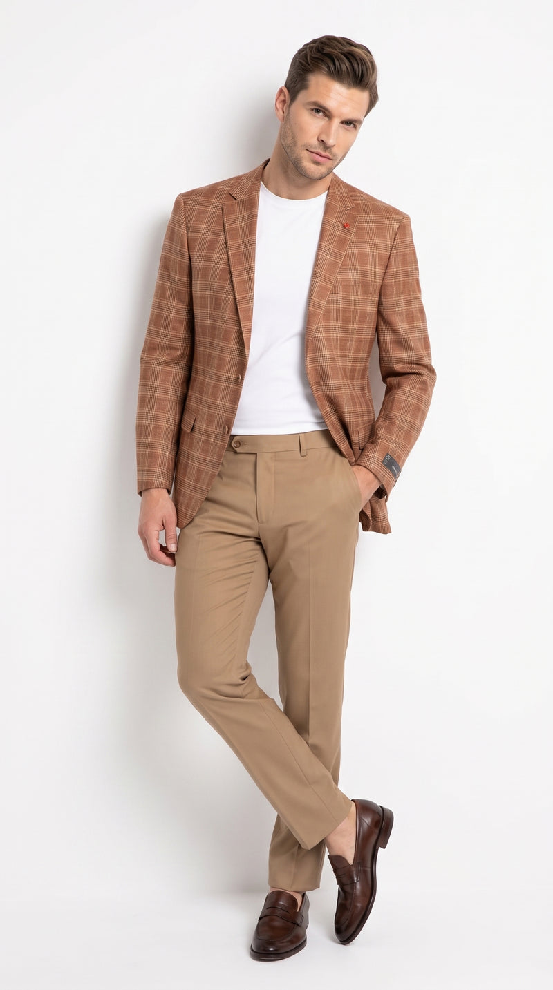 Vitali Men’s Rust Copper Brown Plaid Blazer with Tan Pants – Classic Windowpane, Business and Smart-Casual Birck color Suit