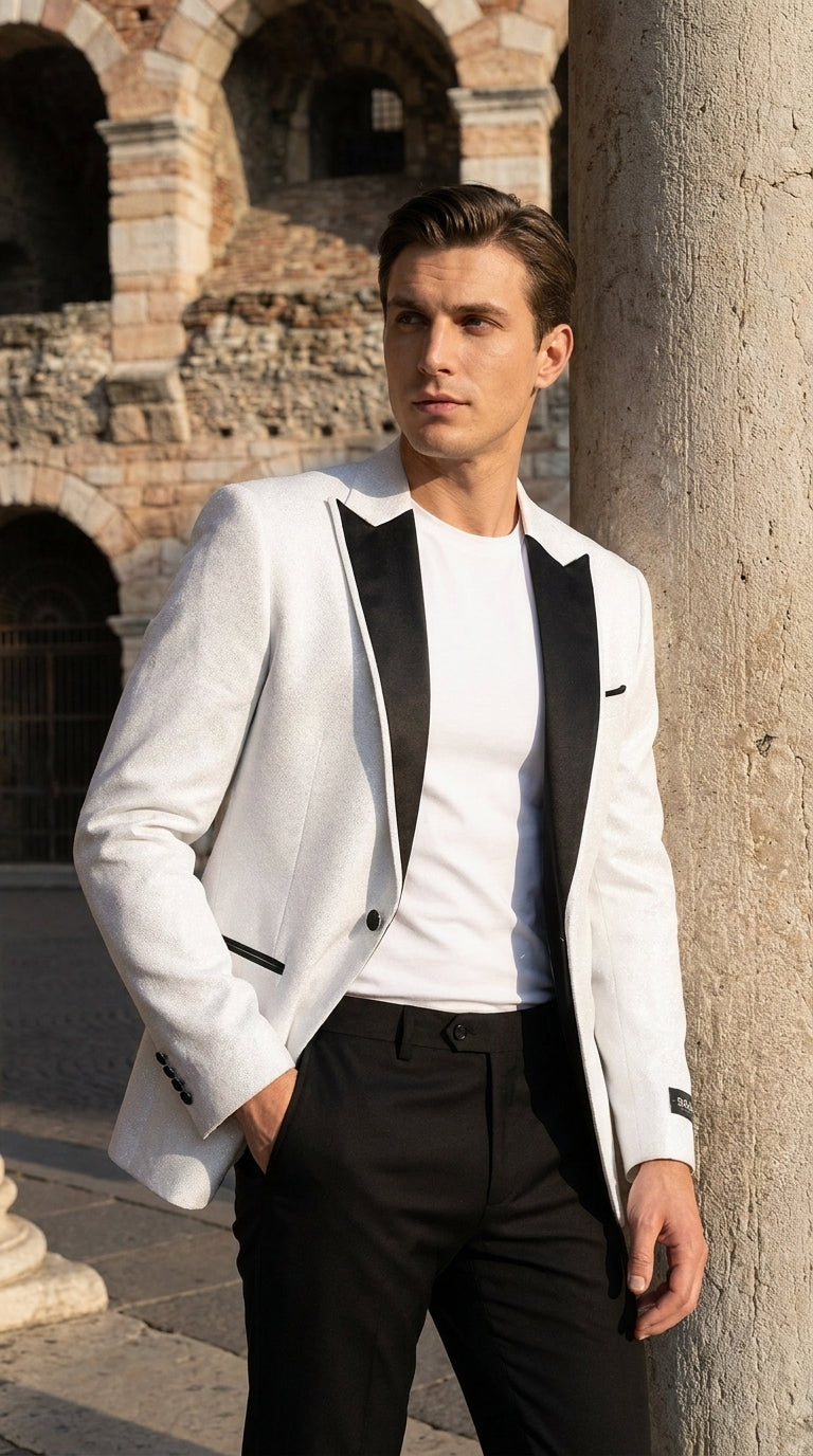Men's White Sparkle Dinner Jacket – Black Satin Shawl Lapel Tuxedo Blazer Slim Fit Sequin Shiny Prom Jacket