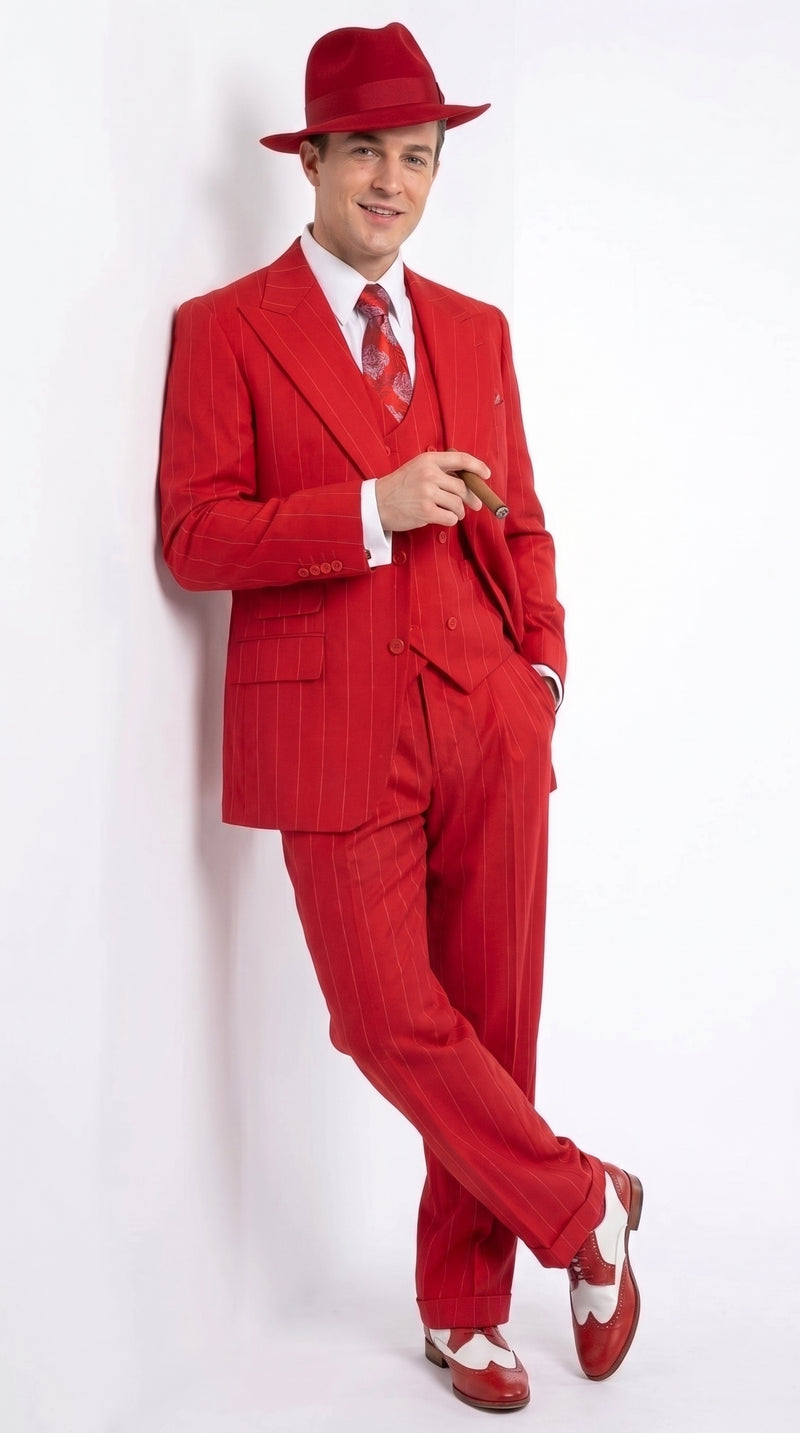 1920s Christmas Holiday Gangster Men’s Red Pinstripe 3-Piece Suit – Peak Lapel Classic Fit Pleated Pants