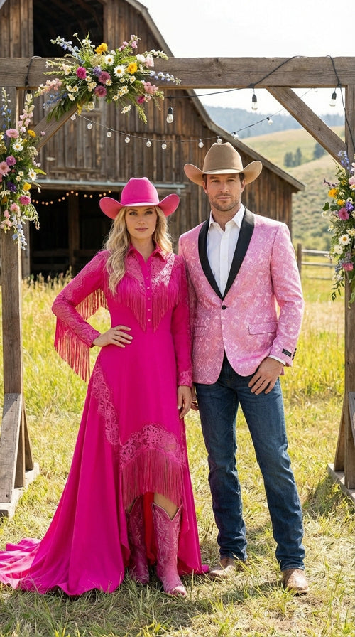 Mens Hot Pink Paisley Western Blazer Jacket – Stylish Pattern Formal Blazer with Black Shawl Lapel for Party, Wedding Cowboy Sportcoat