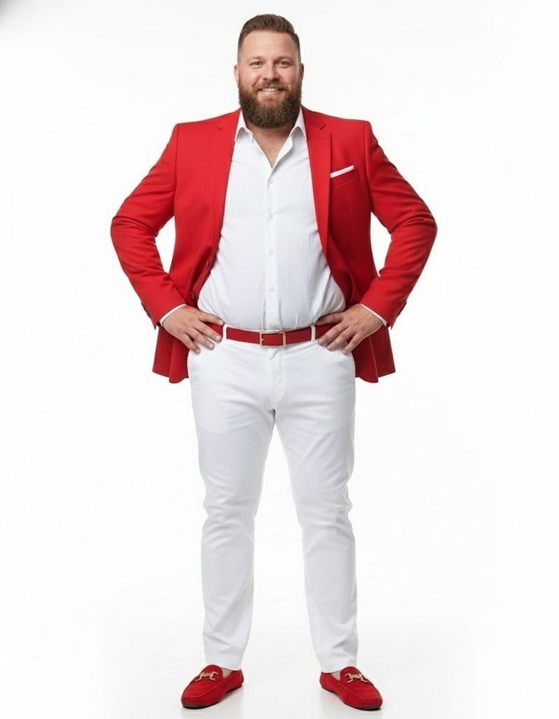 Men's red blazer with white pocket square and white straight-leg pants. Smooth fabric creates a sleek look. Outfit is completed with matching red shoes.