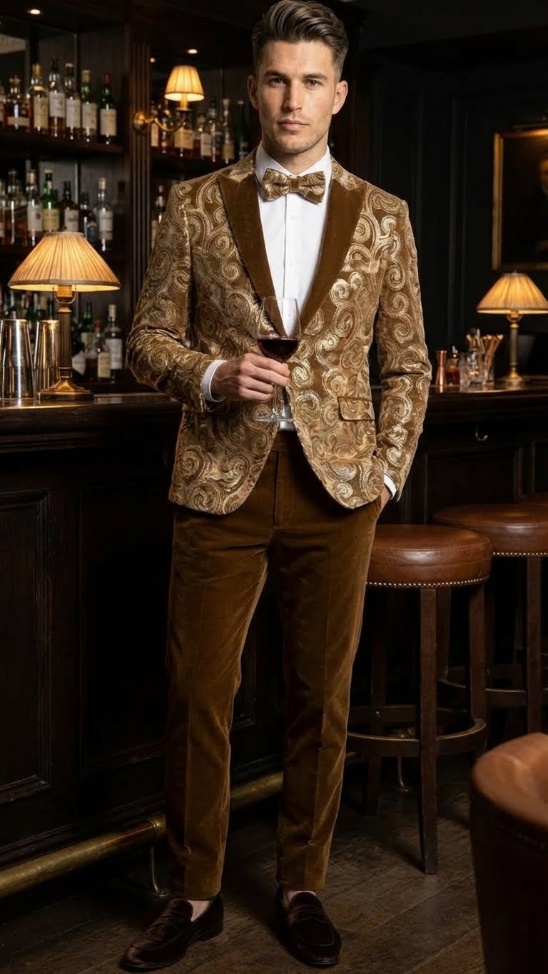 Men's goldish-brown tuxedo jacket with fitted silhouette, single-button closure, notched lapels, and embroidered swirl patterns. Luxurious, textured fabric with metallic shine. Paired with matching brown pants. Formal look.