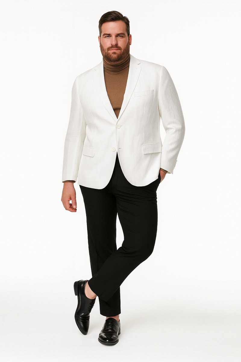 Men's white linen blazer. Classic two-button closure, tailored fit with notched lapels and front pockets. Lightweight and structured, perfect for warm weather.