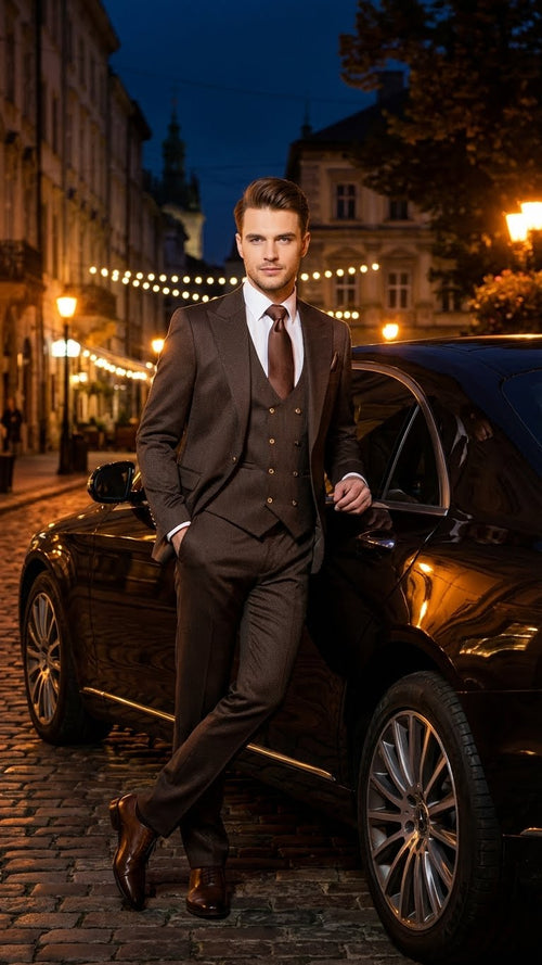 Chocolate brown men's 3-piece suit with textured fabric. Includes fitted jacket, vest, and tailored trousers. Subtle pattern and coordinating tie complete the look.