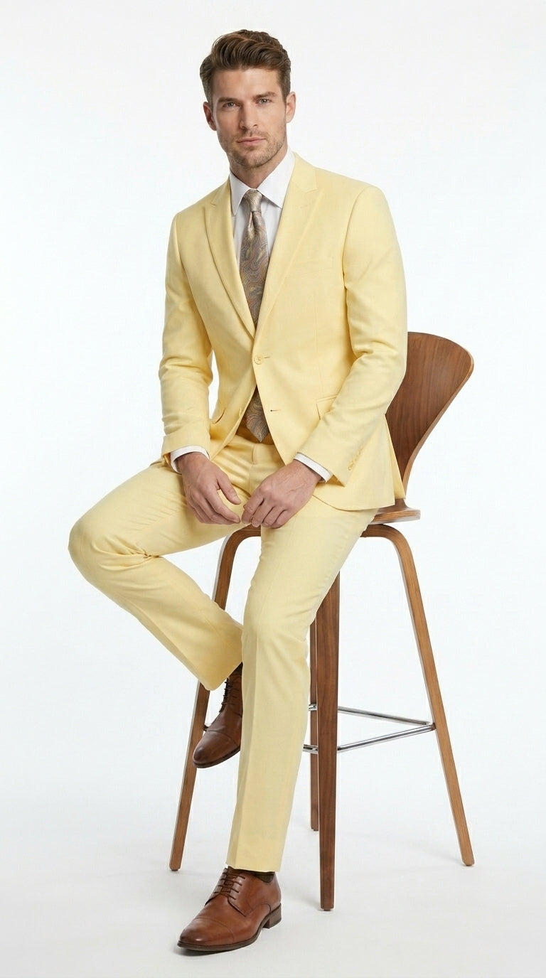 Men’s Pale Yellow 2 Piece Suit, Formal Dress Suit for Weddings, Prom, Parties, Summer Events, and Special Occasions By Vitali
