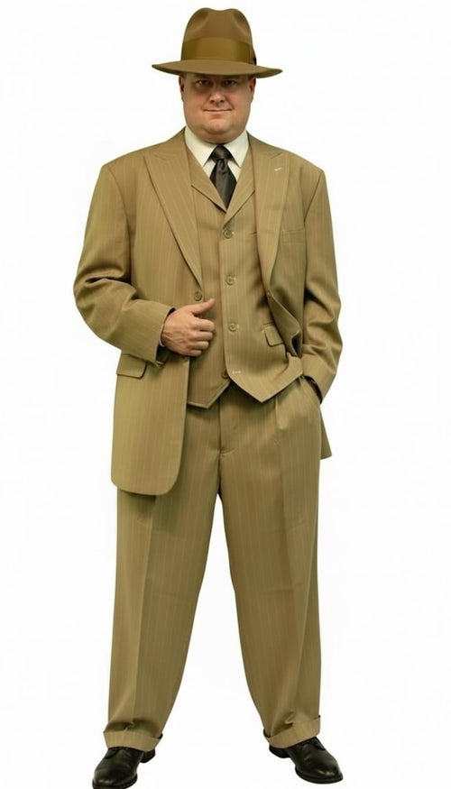 Men's tan pinstripe zoot suit: three-piece, wide-leg pants, matching jacket & vest. Lightweight fabric. Loose fit pants, double-breasted jacket with broad lapels. Tan base, darker pinstripes.