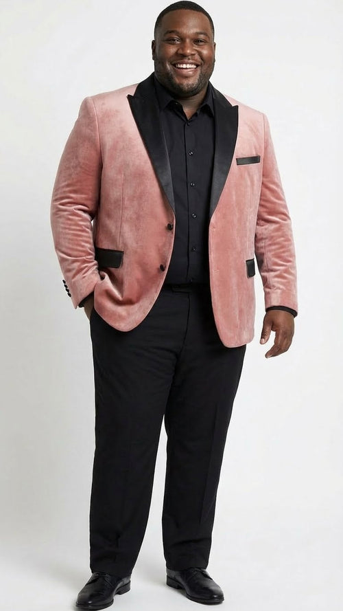 Dusty rose pink velvet blazer for men. Black satin lapel & pockets. Single-button closure. Plush, smooth velvet fabric. Classic design.