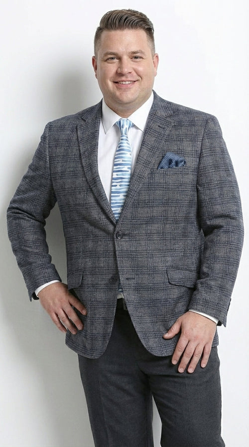 Mens Charcoal Gray with Blue Plaid Pattern Blazer Jacket – Classic Check Pattern Sport Coat for Business, Office, and Smart Casual Wear