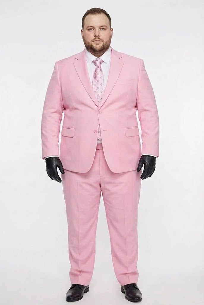 Men's pink two-piece suit with a classic fit. Features a tailored jacket with notch lapels, front pockets, and button closure, paired with matching full-length tailored pants. Smooth, uniform pink fabric.