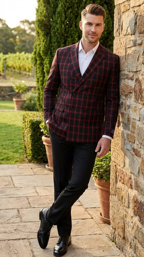 Men's black and red check double-breasted blazer features a structured silhouette with a notched lapel, double rows of buttons, and a check pattern. The blazer combines black and dark red colors with a tailored fit.