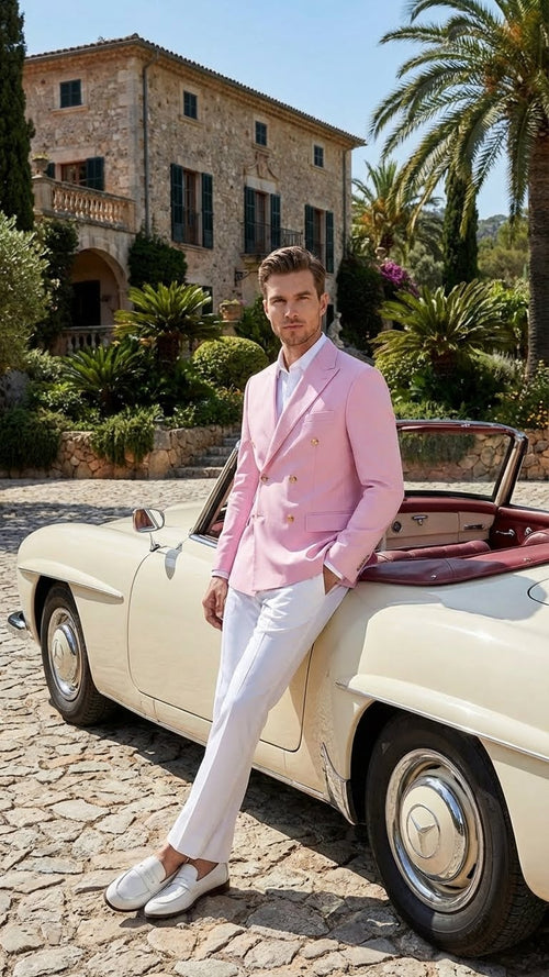 Men’s light pink double-breasted blazer sport jacket featuring a tailored cut, two front pockets, and gold buttons. The fabric appears smooth, suited for formal wear.