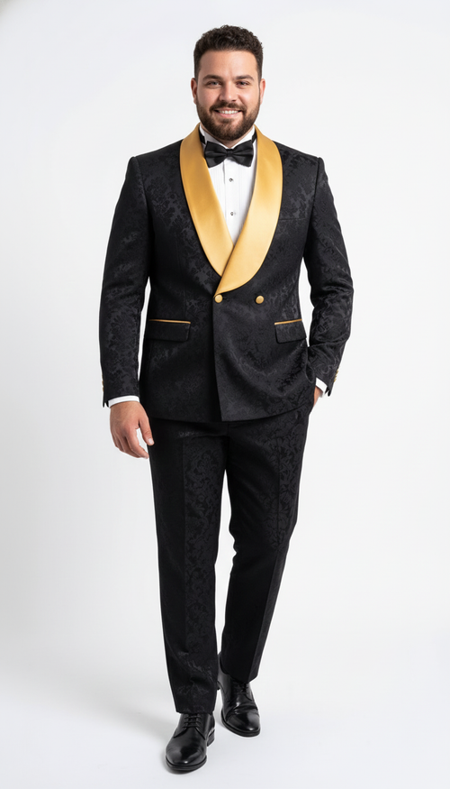 Men's black jacquard tuxedo with gold satin shawl lapels. Slim fit, two-button design featuring intricate pattern, black trousers, and gold accents.