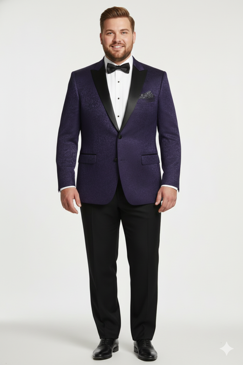 Purple paisley tuxedo jacket. Vivid purple with paisley pattern, black satin lapels, two-button closure, and side pockets. Structured, fitted tailoring.