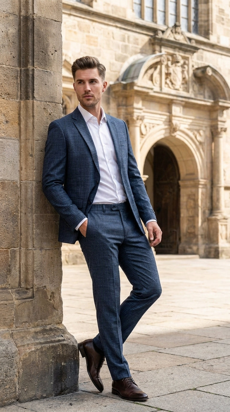 Men's Blue Micro Check Hounstooth small windowpane plaid 3-Piece Suit ā Vested Slim Fit Business, Wedding & Formal Suit