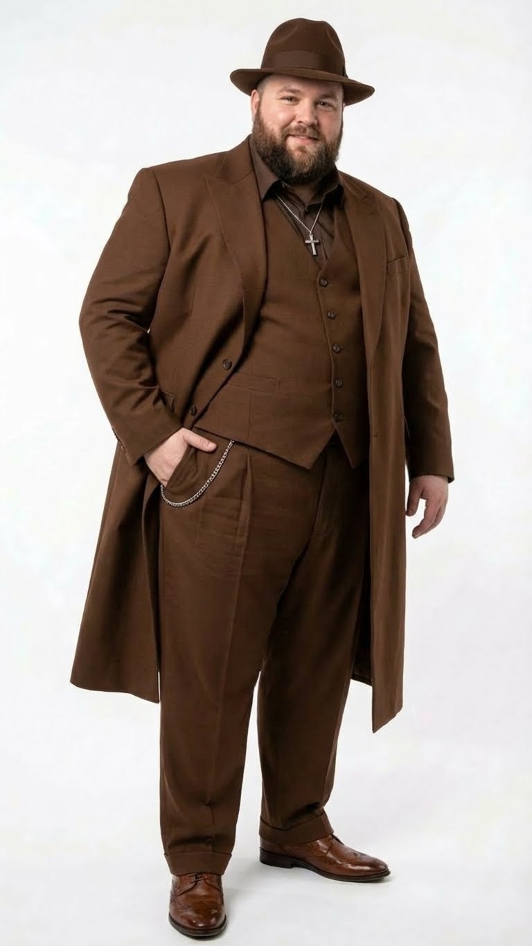 Alberto Nardoni men's 1920s zoot suit in brown. Includes a long, straight-cut coat, buttoned vest, and wide-legged trousers. Solid brown fabric, matching fedora, and silver chain detail.