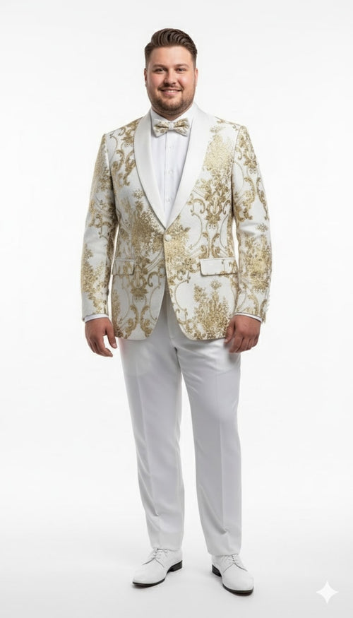 Men's white tuxedo jacket with gold floral patterns & satin lapel. Includes two front pockets. Paired with matching white trousers. Perfect for formal events.