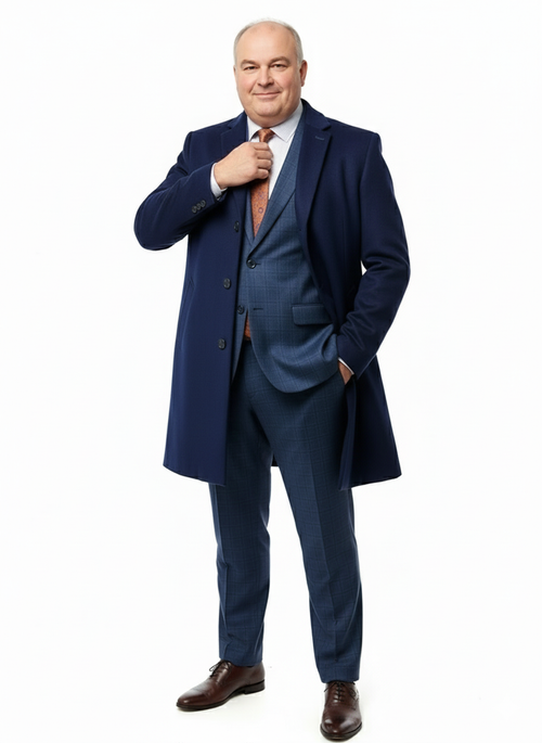 Men's cobalt blue car coat. Wool and cashmere blend, single-breasted, tailored long shape. Soft, rich texture, solid color, button front.