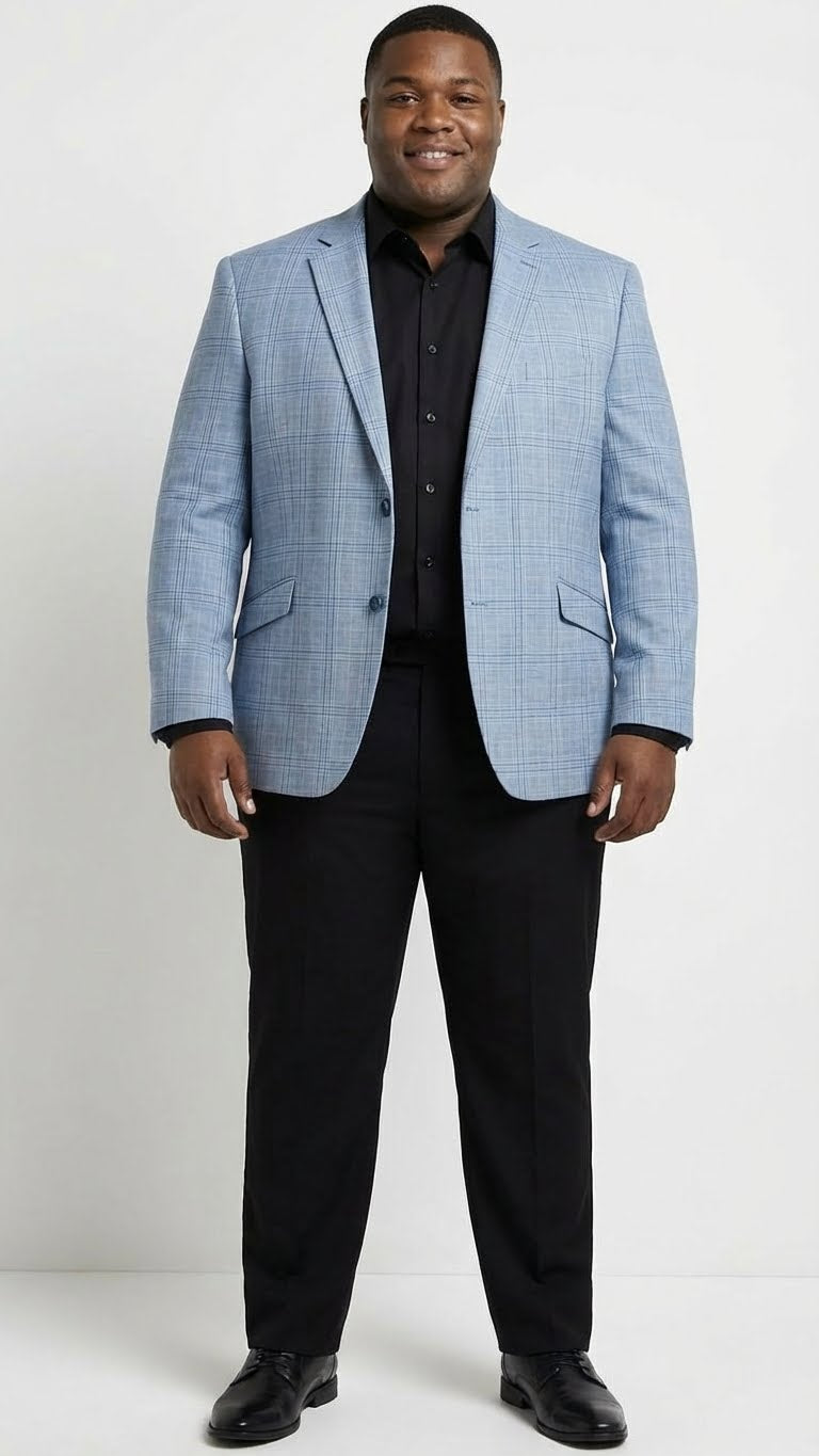 Men's big & tall light blue checkered blazer. Structured shape, two-button closure, woven light blue/white check. Notch lapels, two front pockets for a tailored look.