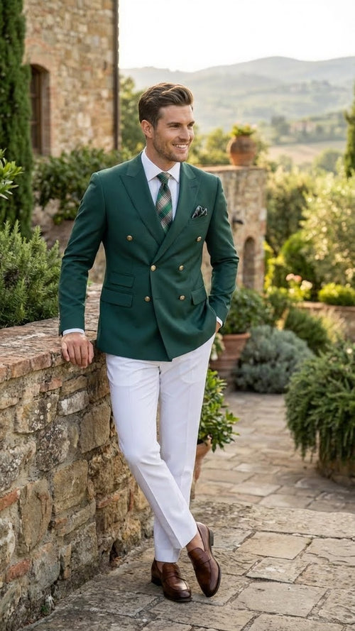 Men’s dark green double-breasted blazer features a tailored fit with structured shoulders and two rows of gold buttons. The fabric appears smooth, and the color is consistent throughout.