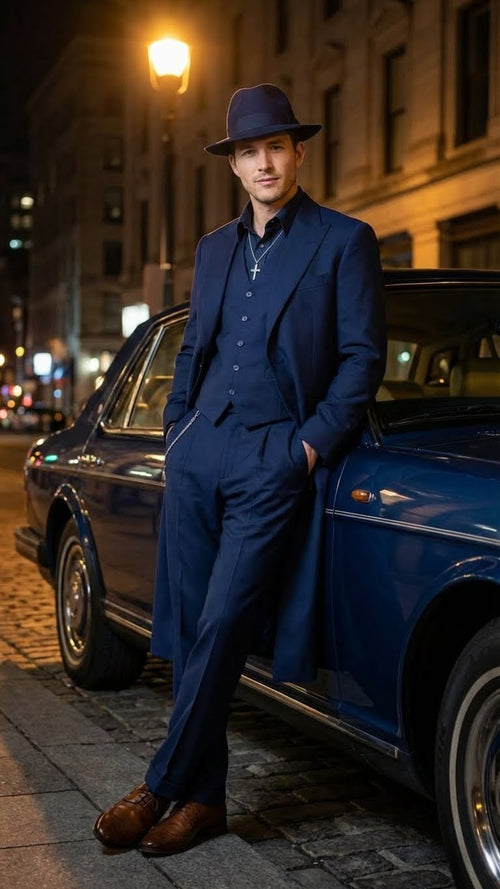 Navy blue 1920s men's zoot suit: fitted jacket, wide lapels, long silhouette. High-waisted, loose trousers. Includes matching hat, polished brown shoes.