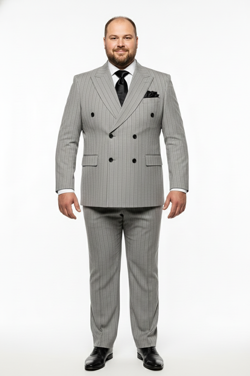 Alberto Nardoni men's grey and black pinstripe double-breasted suit. Tailored fit, vertical stripes. Jacket: black buttons, two pockets. Textured fabric, matching trousers, black pocket square.