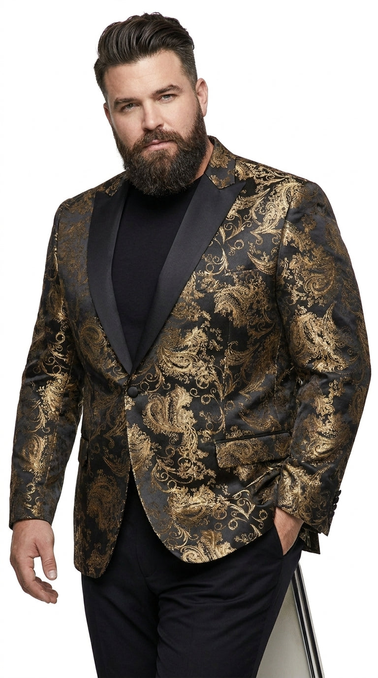 Men’s Black & Gold Paisley Tuxedo Jacket – Luxury Floral Formal Dinner Blazer Black Pants
