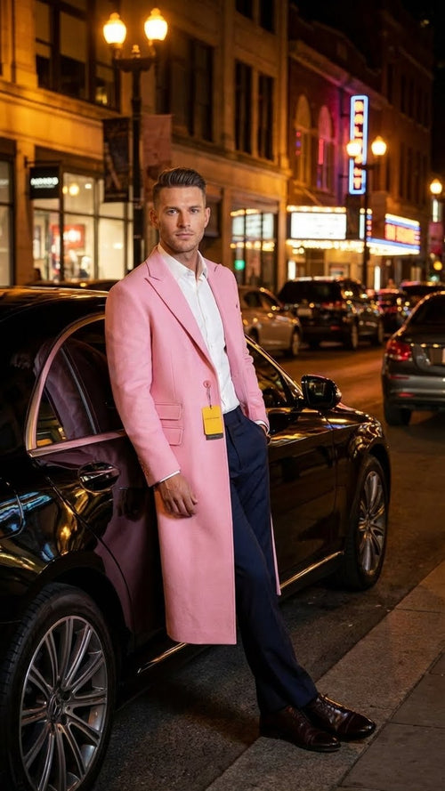 Men's slim fit pink wool blend overcoat. Tailored design, straight cut, single-breasted, notch lapels. Long sleeves, knee-length.