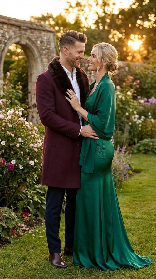 Burgundy men's coat with A-line silhouette, faux fur collar, and front buttons. Tailored fit in textured fabric.