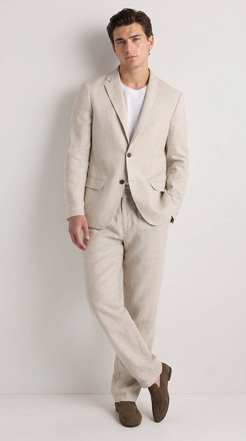 Men’s Informal Summer Suit, Light Beige Casual Linen Style Blazer and Pants Set