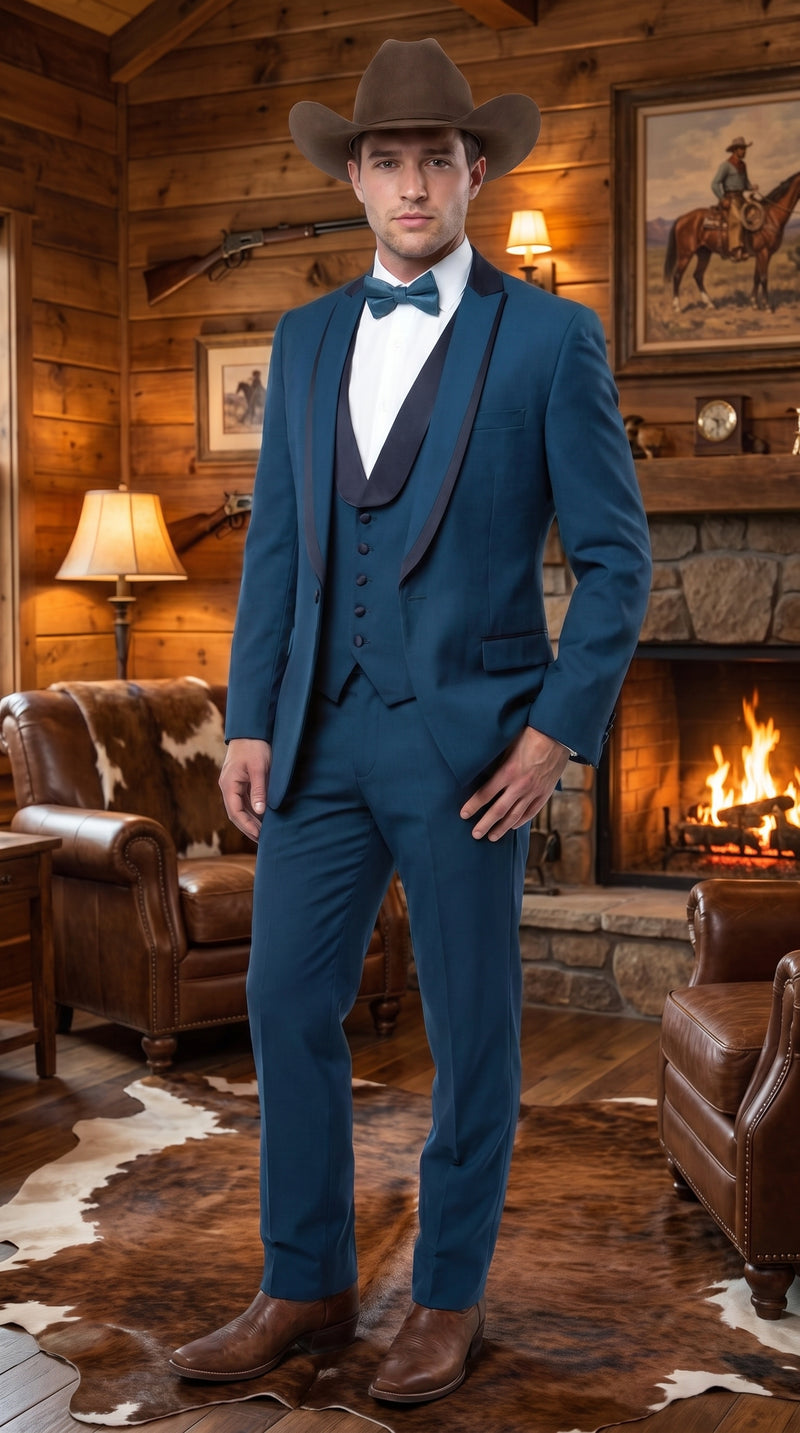 Men’s Teal Blue Western Tuxedo Suit, 3 Piece Cowboy Formal Wedding Prom Suit with Black Shawl Lapel Saphire