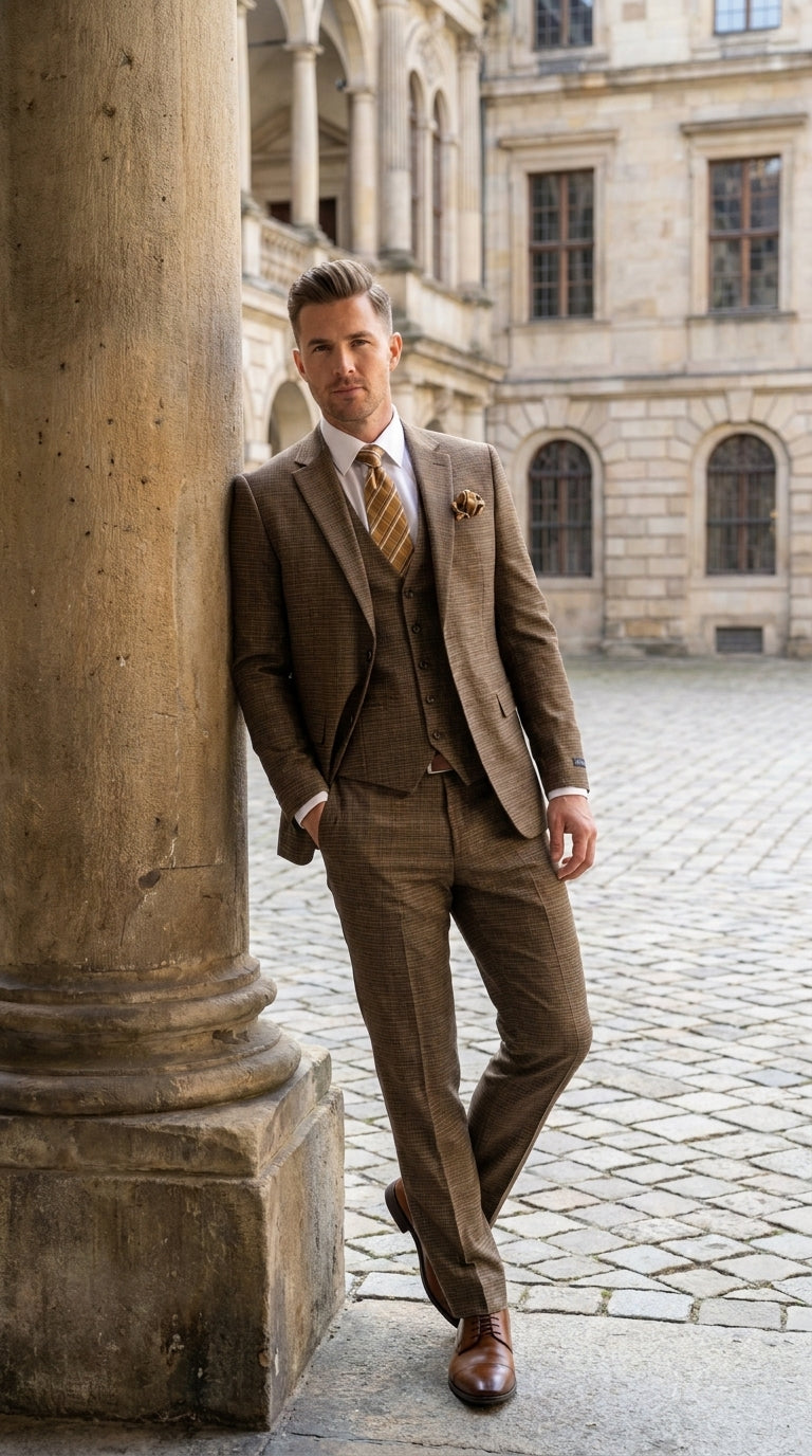 Men's Great Gatsby Brown Checker Plaid Texture 3-Piece Suit ā Classic Fit Business, Wedding & Formal Suit Set - Victorian style 1920s