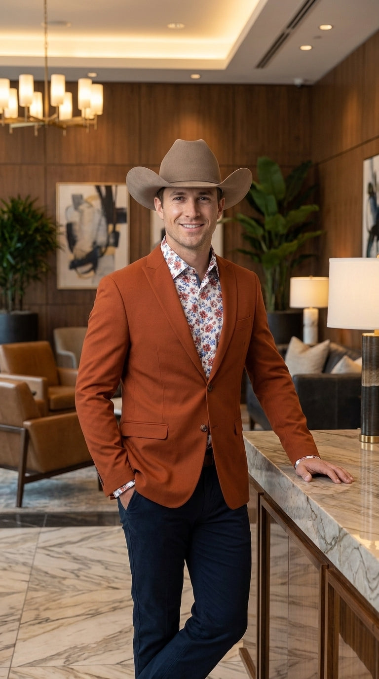 Men’s Rust Cowboy Western Blazer – Copper Brick Color Two Button Sport Coat Peak Lapel Modern Fit