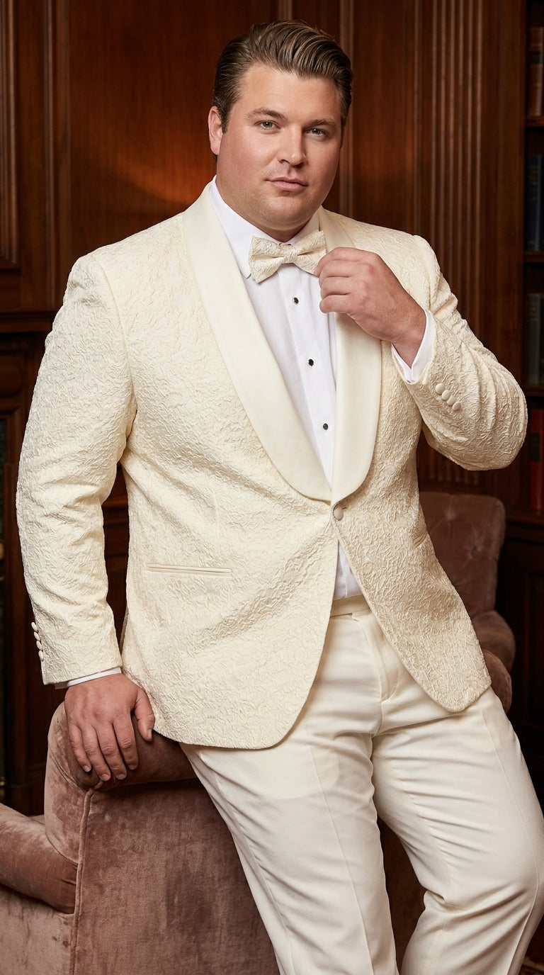 Men’s Ivory Off White Jacquard Dinner Jacket – Cream Tuxedo Blazer for Weddings & Formal Events + Bowtie included