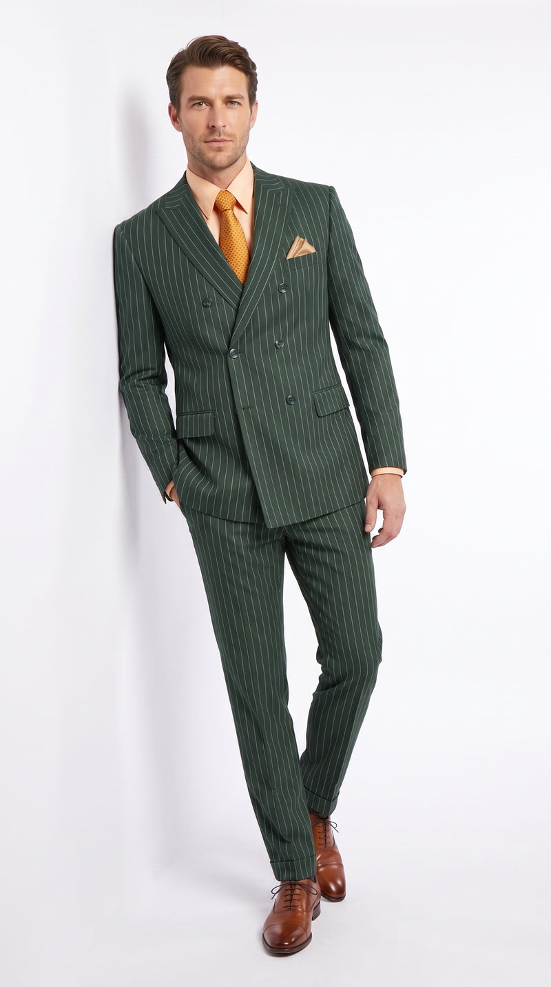 Men’s Hunter Green Pinstripe Double Breasted Suit – Vintage 1920s Great Gatsby Gangster Style