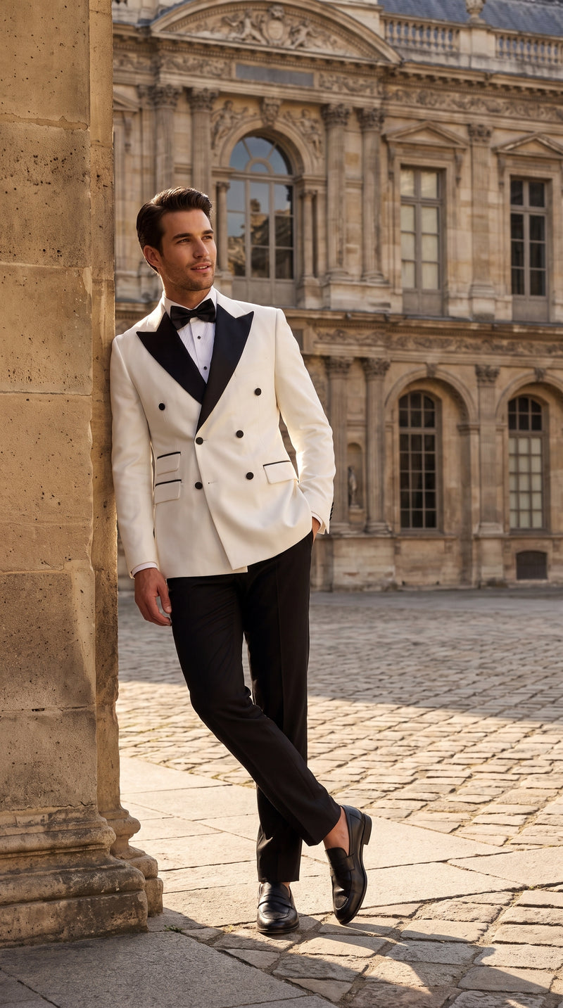 Men’s Vintage Hollywood Ivory Double-Breasted Tuxedo – Black Peak Lapel Wedding and Formal Suit