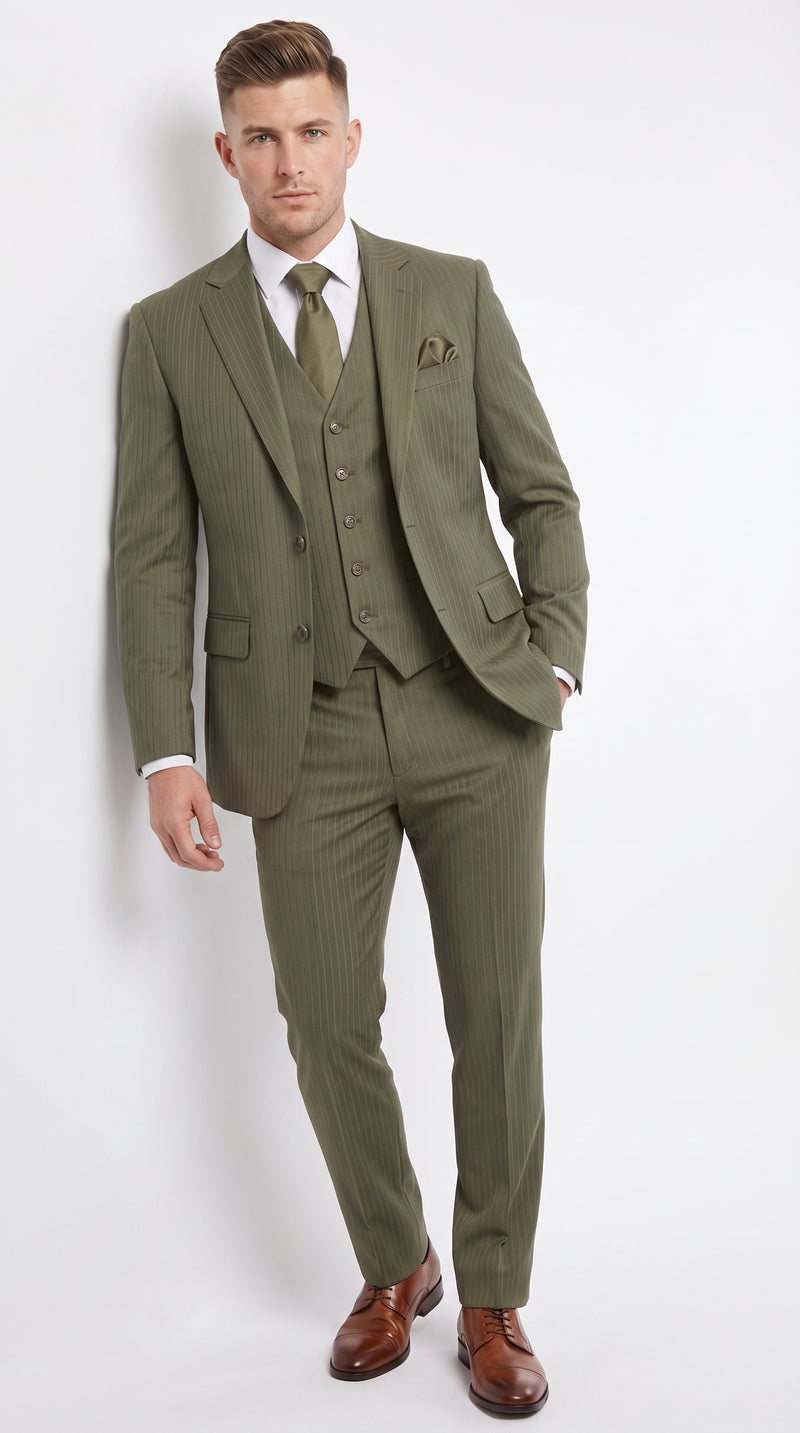 Men’s Olive Green Tone-on-Tone Shadow Pinstripe 3 Piece Suit – Modern Formal Suit with Vest Shadow Stripe