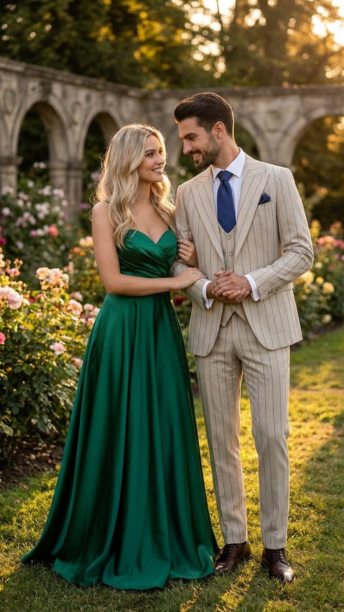 Men's beige three-piece suit with blue pinstripes. Includes jacket, waistcoat & trousers. Smooth fabric, tailored fit, notched lapel & button closure.