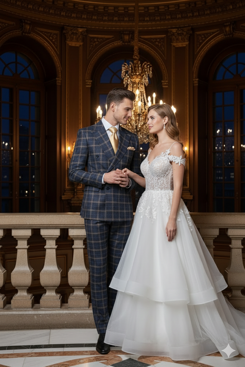 Men's double-breasted suit in camel, bronze, and khaki. Structured, fitted silhouette with notched lapel and textured weave fabric. Warm, earthy color palette with tonal variations.