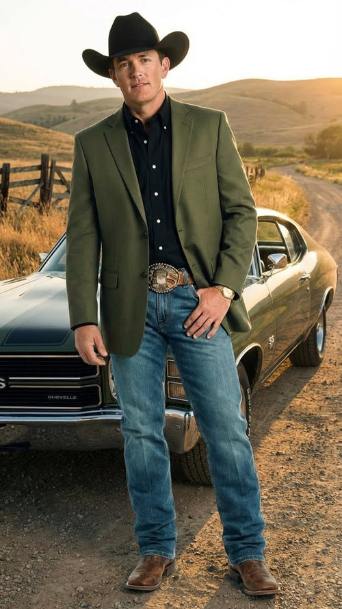 Mens Olive Green Western Blazer Jacket, Classic Cowboy Style Sport Coat for Casual Formal Wear with Jeans