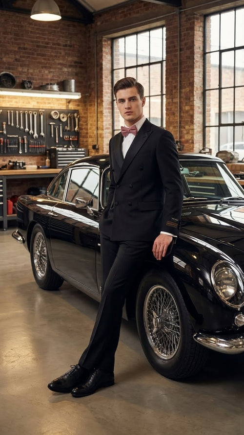 Classic black double-breasted tuxedo in Italian wool super 150s with peak lapels. Features a tailored fit, smooth texture, and deep black color. Includes matching trousers, bow tie, and polished black shoes.