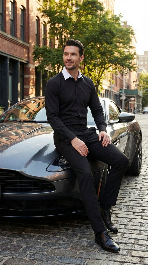 Mens Black Dress Shirt with White Contrast Collar | French Cuff Cotton Poplin Formal Button-Up Shirt