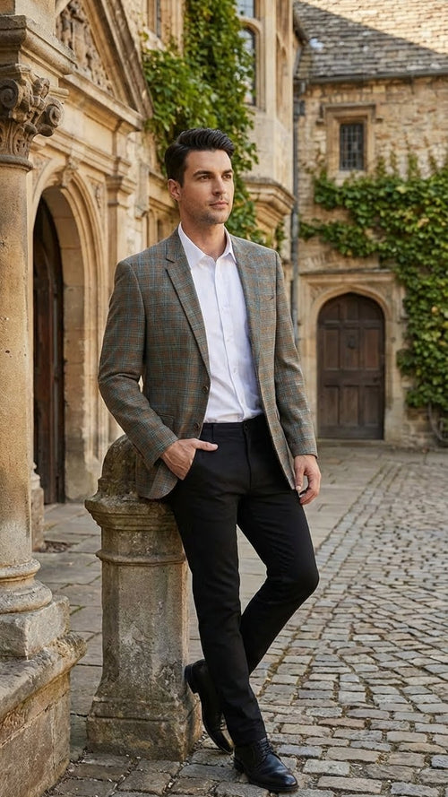 Men's plaid sport coat in green, brown, and teal. Structured with notch lapels, two-button closure, and a woven pattern of alternating colored squares.