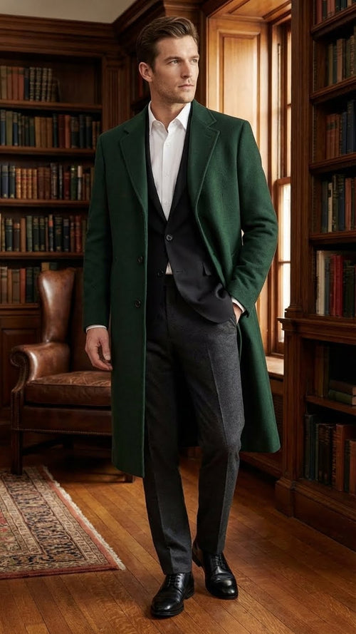 Hunter green men's wool overcoat. Tailored fit, straight silhouette, single-breasted with three buttons. Notch lapel, long sleeves, side pockets. Rich green hue. Full-length.