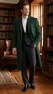 Hunter green men's wool overcoat. Tailored fit, straight silhouette, single-breasted with three buttons. Notch lapel, long sleeves, side pockets. Rich green hue. Full-length.