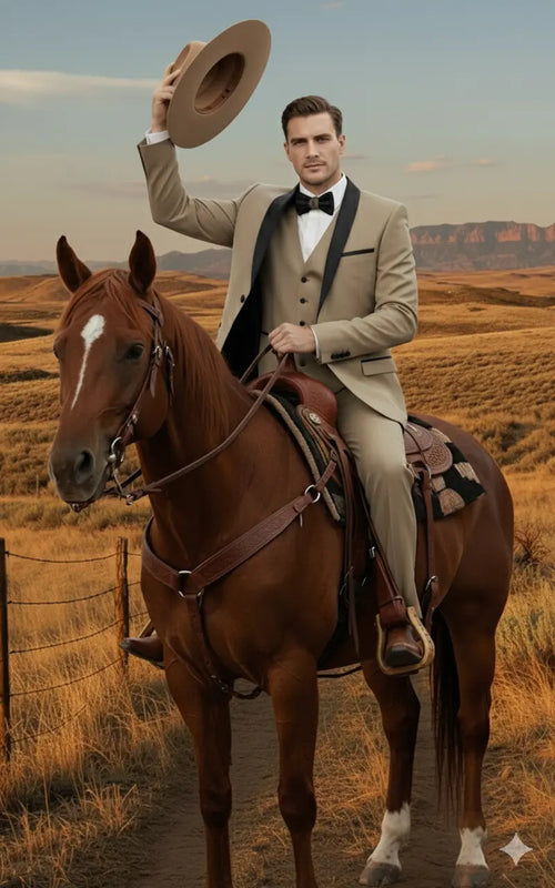 Men’s Western Cowboy Suit – 3-Piece Tan Tuxedo with Black Lapel, Vest, and Pants Beige Color