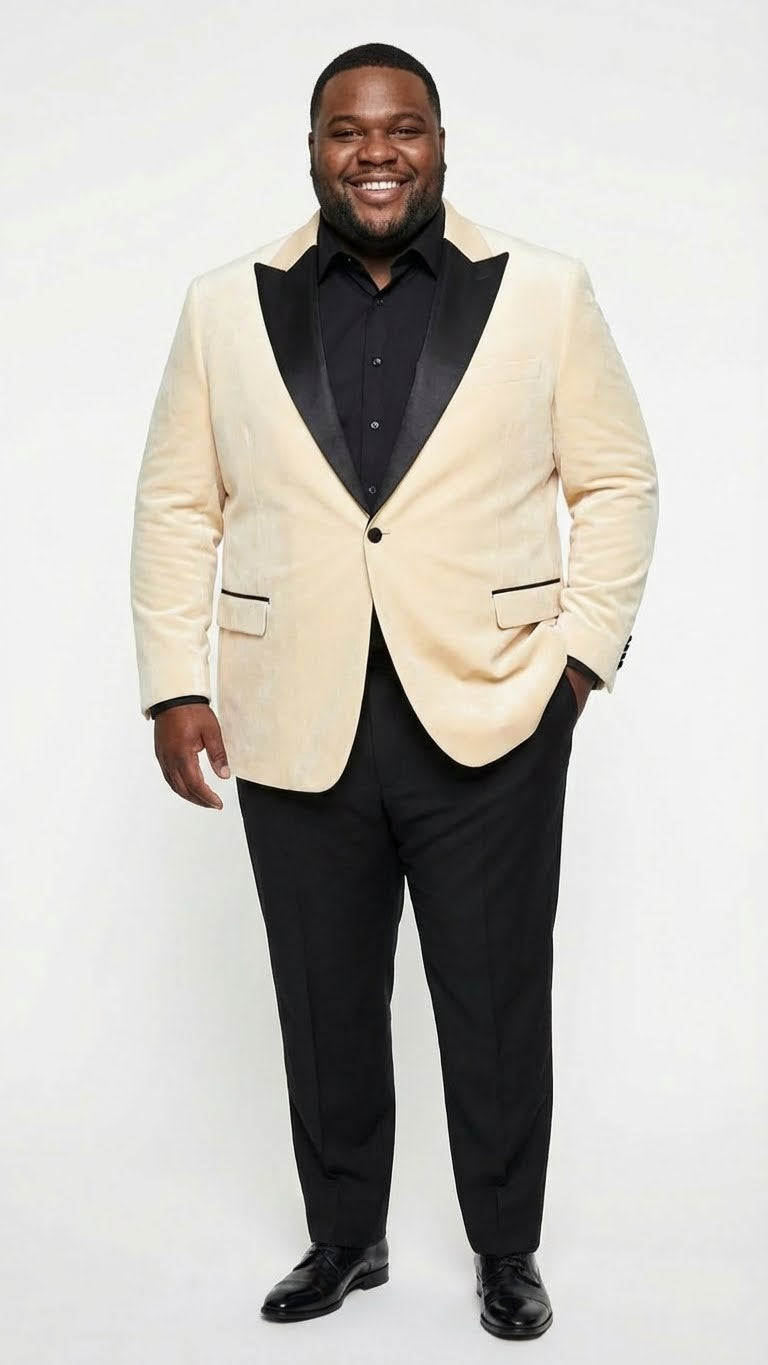 Ivory velvet men's dinner jacket with black satin lapel. Features: dual front pockets, single-button closure, and a fitted silhouette.