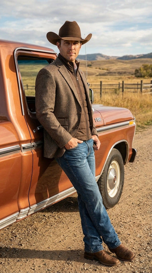 Men’s Brown Herringbone Tweed Cowboy Western Blazer – Classic Country Sport Coat Jacket for Ranch Wear, Cowboy Jacket