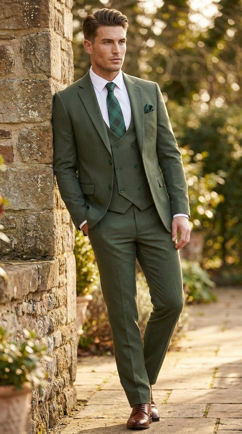 Men’s Forest Green Three Piece Suit – Double Breasted Vest Formal Wedding and Business Suit Set Olive Green Slim Fit
