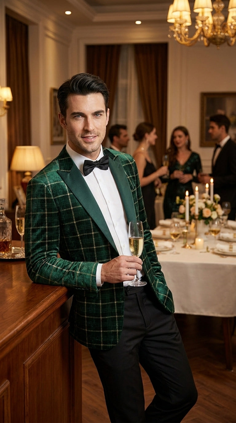 Men’s Green and Gold Plaid Christmas Holiday Blazer – Classic Check Party Jacket for New Year, Wedding and Festive New Year event